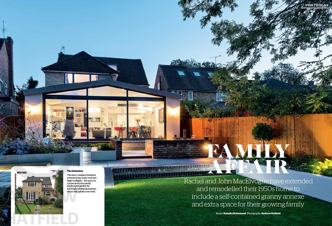 Architectural photograph of new home extension captured from garden.